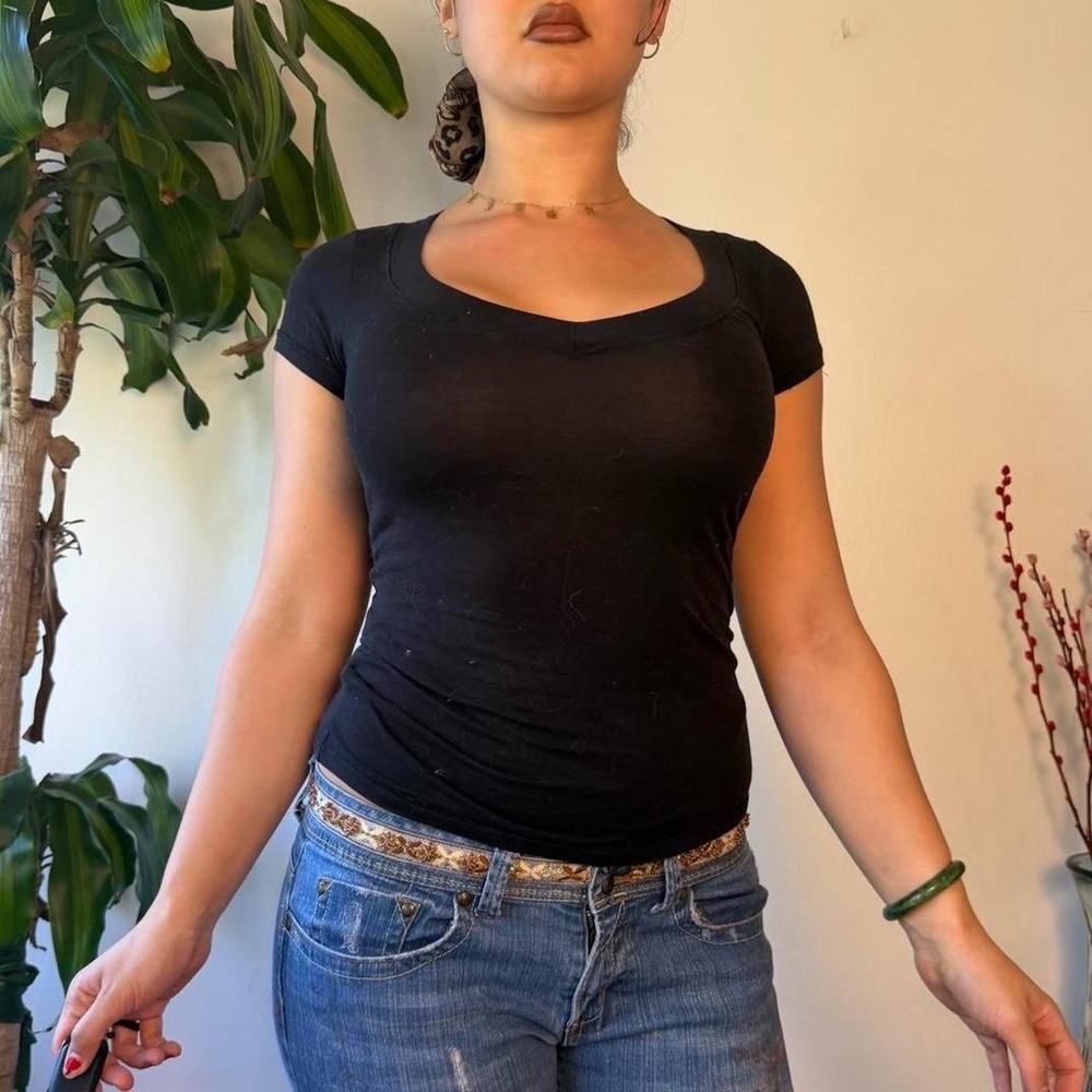 Splash Black Scoop Neck Fitted Cotton Tee Y2K Grunge Minimalist Small